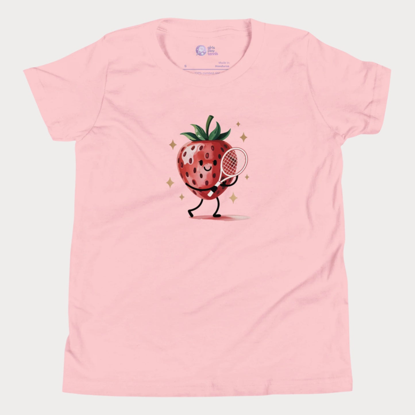 Pink girls tennis t-shirt with cartoon strawberry holding a tennis racket – Strawberry Backhand design