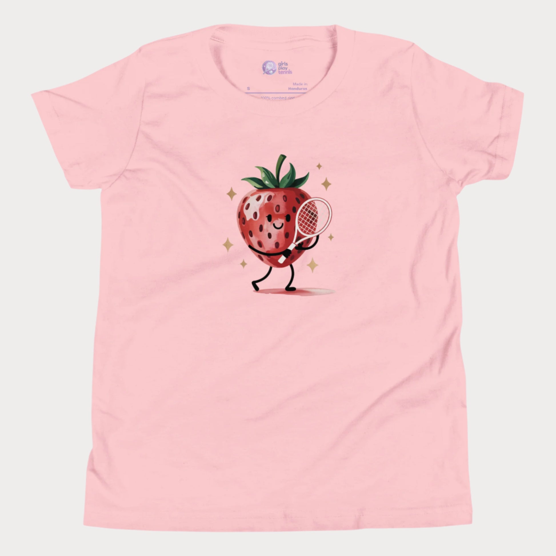 Pink girls tennis t-shirt with cartoon strawberry holding a tennis racket – Strawberry Backhand design