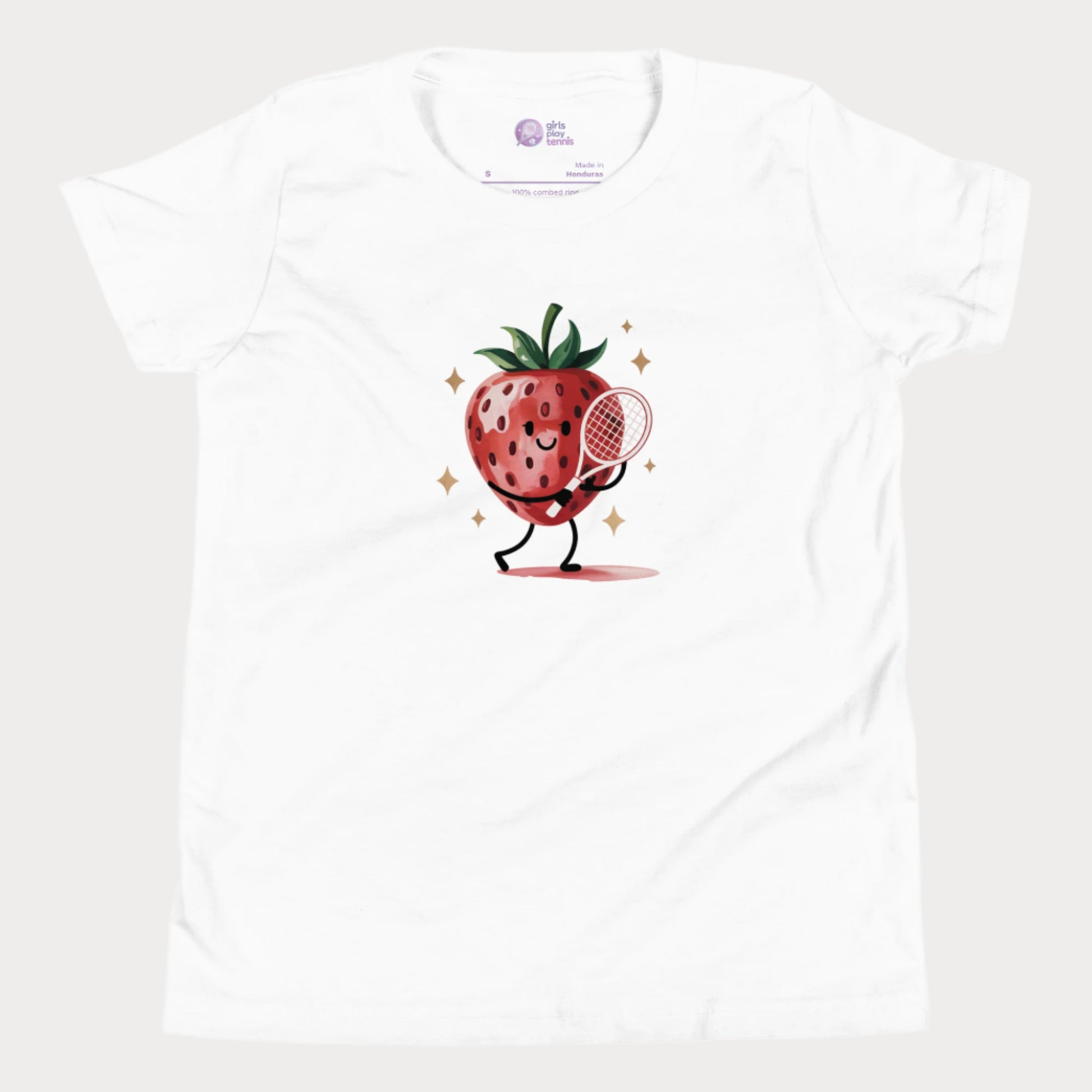 White girls tennis t-shirt with cartoon strawberry holding a tennis racket – Strawberry Backhand design.