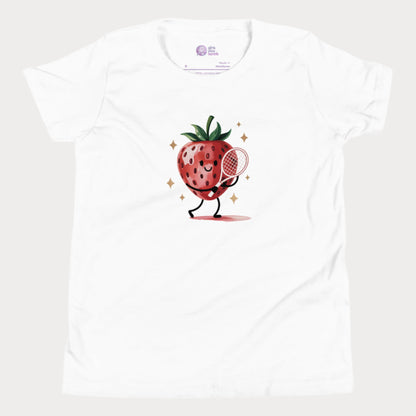 White girls tennis t-shirt with cartoon strawberry holding a tennis racket – Strawberry Backhand design.
