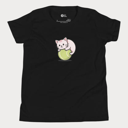 Black girls’ tennis t-shirt featuring a cute kitten playfully curled around a bright green tennis ball in the center of the chest - a fun and whimsical design perfect for young tennis players who love animals and the game.