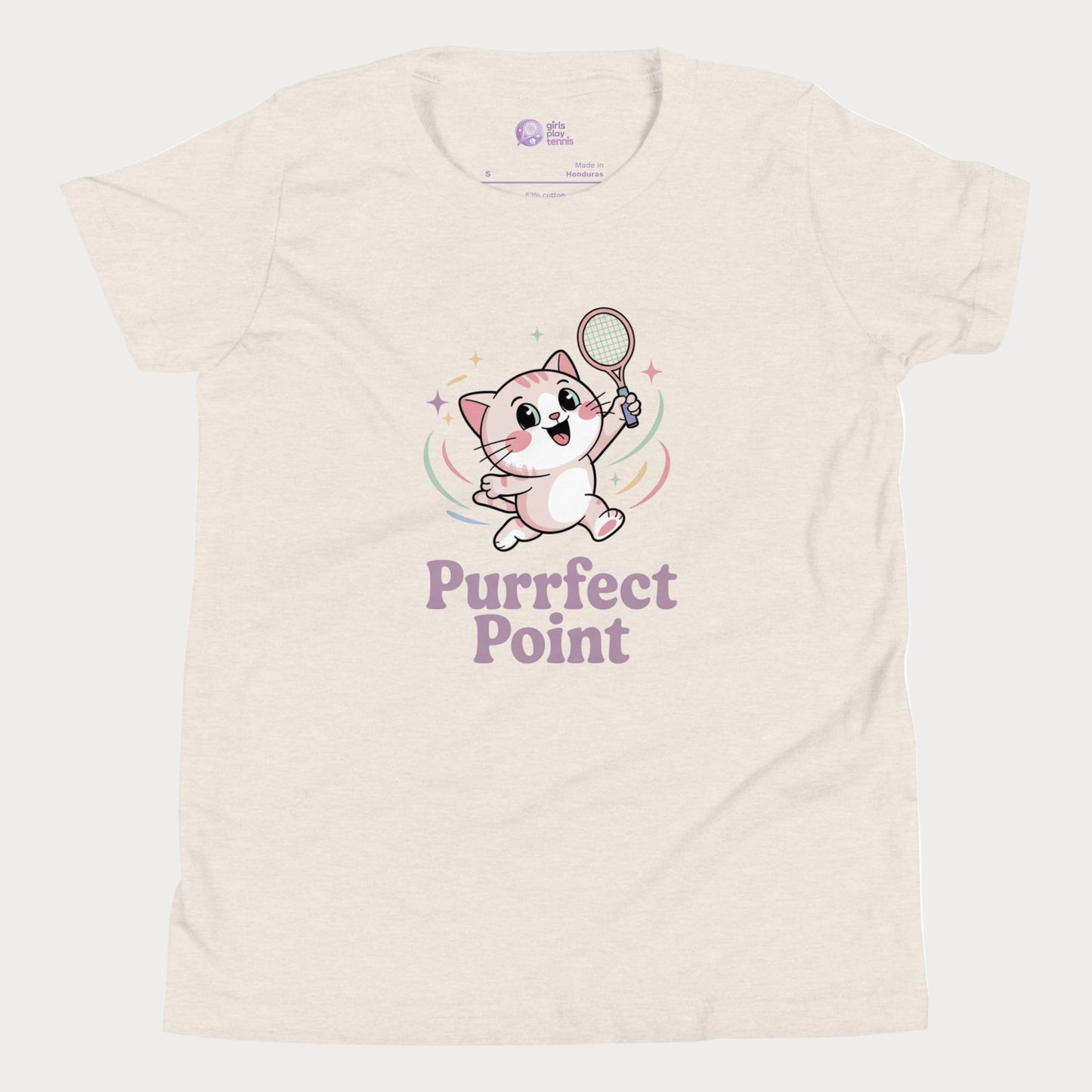 Girls tennis t-shirt featuring an Illustration of a cute white kitten with pink ears and big sparkling eyes, mid-jump with a tennis racket in one paw, and the slogan “Purrfect Point.”