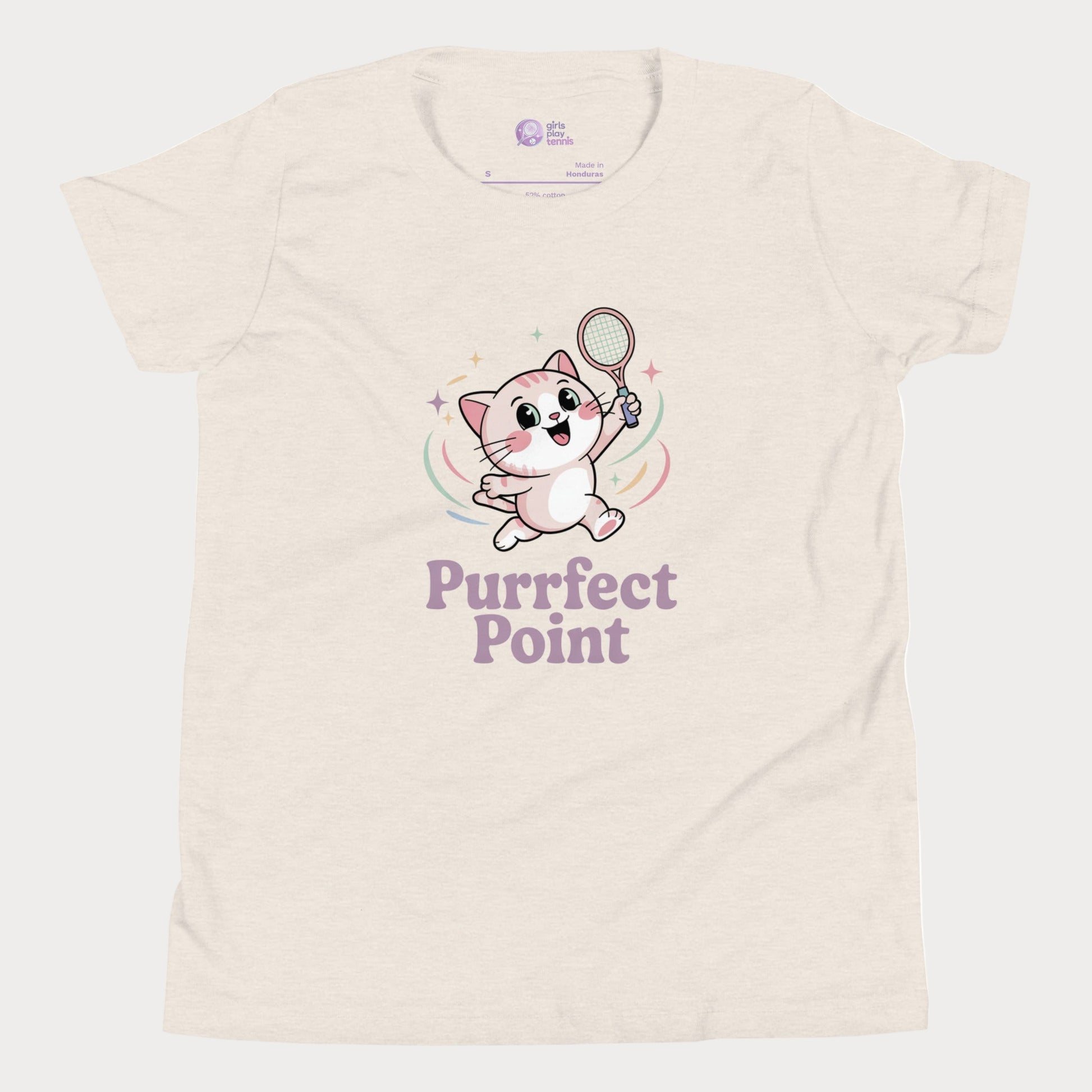 Girls tennis t-shirt featuring an Illustration of a cute white kitten with pink ears and big sparkling eyes, mid-jump with a tennis racket in one paw, and the slogan “Purrfect Point.”