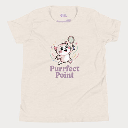 Girls tennis t-shirt featuring an Illustration of a cute white kitten with pink ears and big sparkling eyes, mid-jump with a tennis racket in one paw, and the slogan “Purrfect Point.”