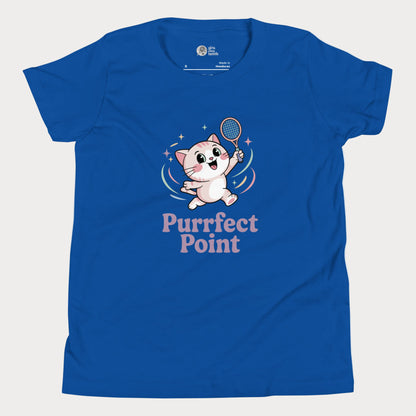 Girls tennis t-shirt featuring an Illustration of a cute white kitten with pink ears and big sparkling eyes, mid-jump with a tennis racket in one paw, and the slogan “Purrfect Point.”