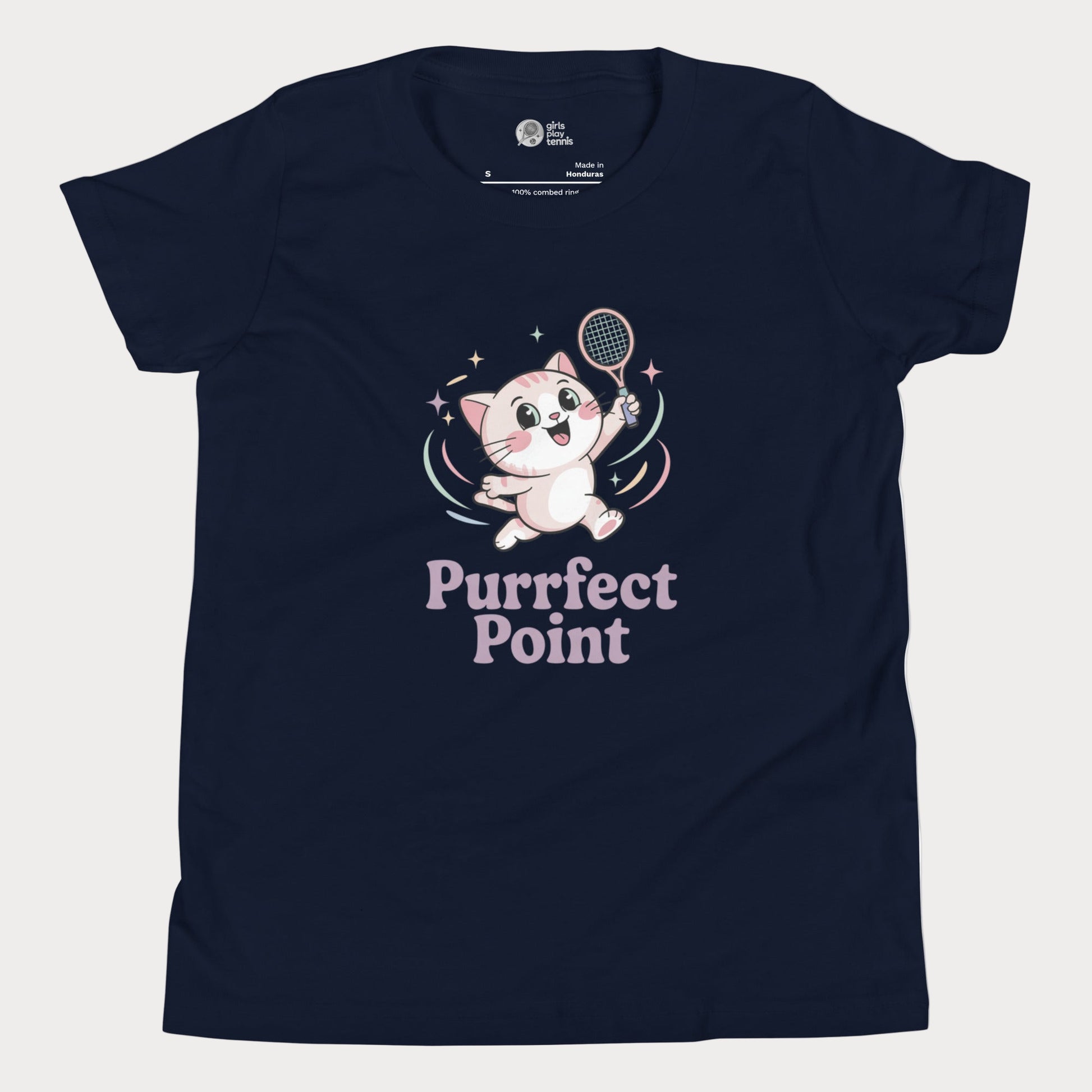 Girls tennis t-shirt featuring an Illustration of a cute white kitten with pink ears and big sparkling eyes, mid-jump with a tennis racket in one paw, and the slogan “Purrfect Point.”