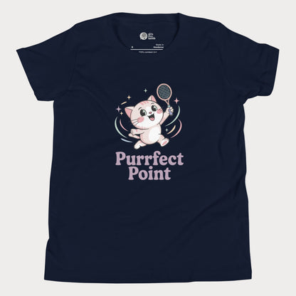 Girls tennis t-shirt featuring an Illustration of a cute white kitten with pink ears and big sparkling eyes, mid-jump with a tennis racket in one paw, and the slogan “Purrfect Point.”