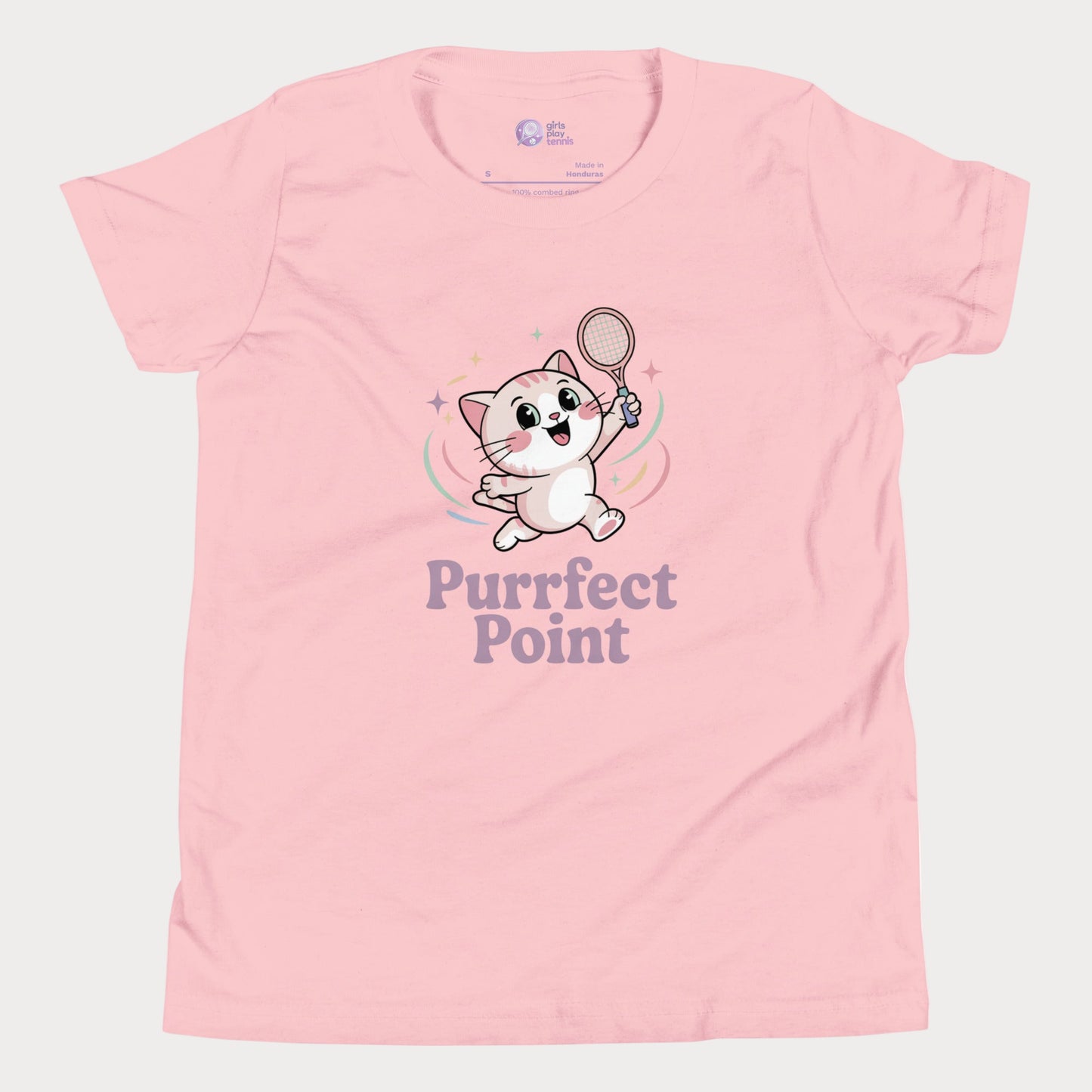 Girls tennis t-shirt featuring an Illustration of a cute white kitten with pink ears and big sparkling eyes, mid-jump with a tennis racket in one paw, and the slogan “Purrfect Point.”