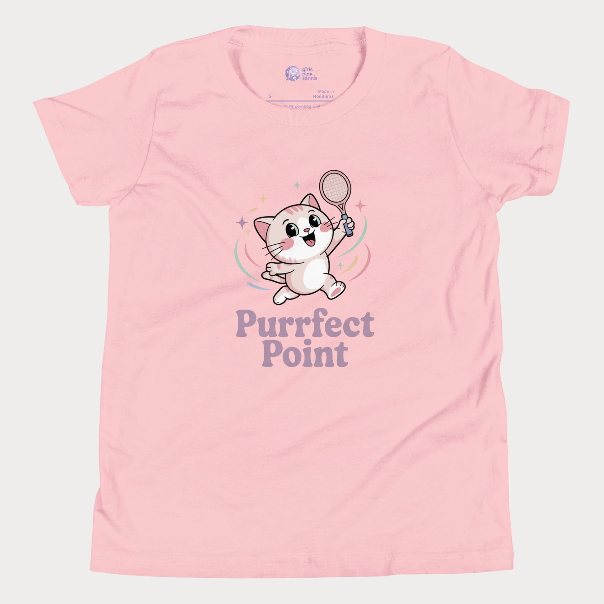 Girls tennis t-shirt featuring an Illustration of a cute white kitten with pink ears and big sparkling eyes, mid-jump with a tennis racket in one paw, and the slogan “Purrfect Point.”