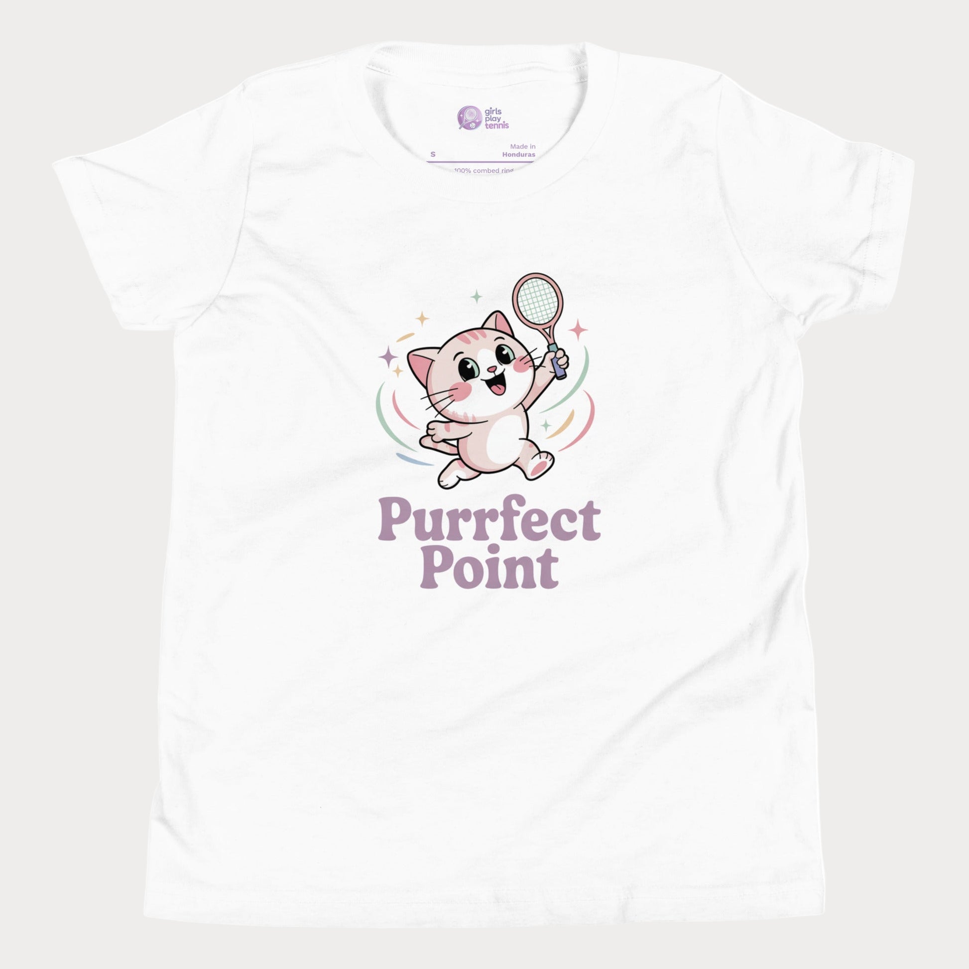 Girls tennis t-shirt featuring an Illustration of a cute white kitten with pink ears and big sparkling eyes, mid-jump with a tennis racket in one paw, and the slogan “Purrfect Point.”