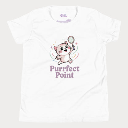 Girls tennis t-shirt featuring an Illustration of a cute white kitten with pink ears and big sparkling eyes, mid-jump with a tennis racket in one paw, and the slogan “Purrfect Point.”