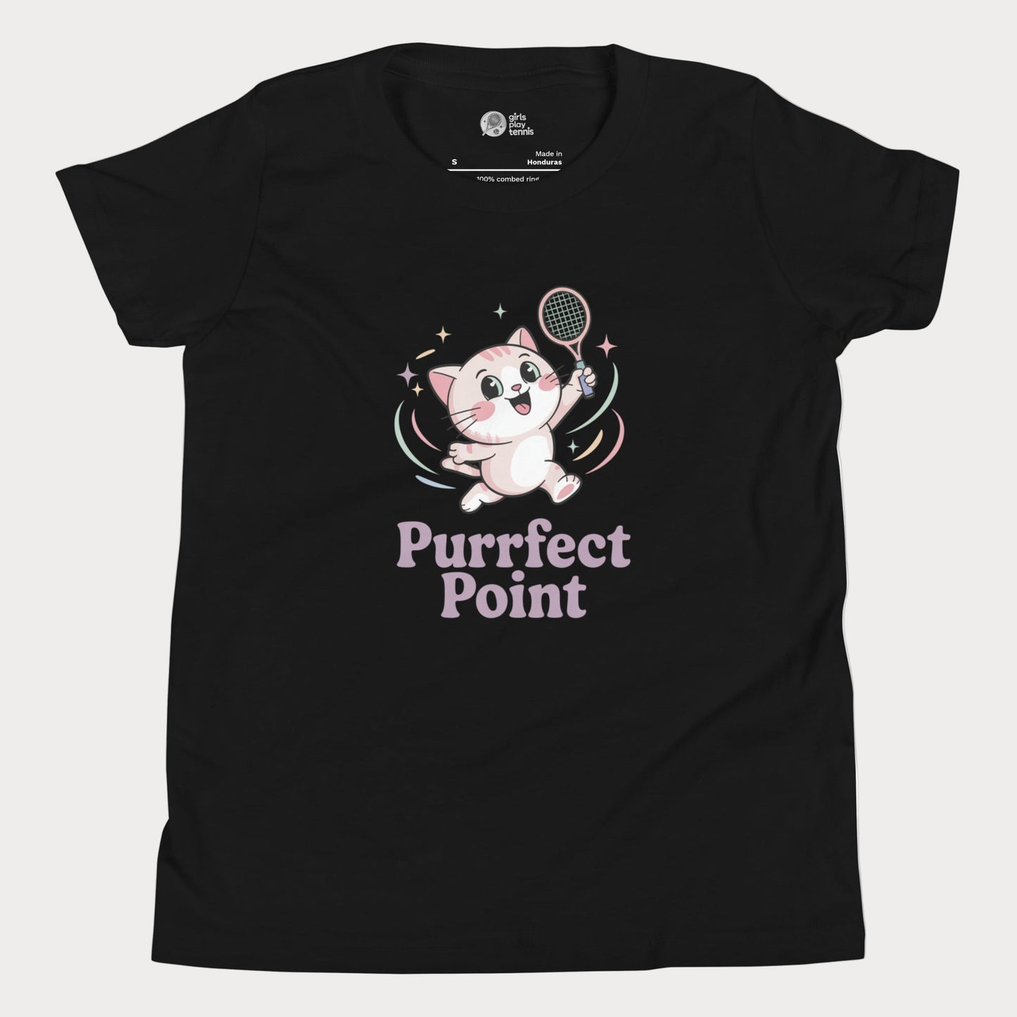Girls tennis t-shirt featuring an Illustration of a cute white kitten with pink ears and big sparkling eyes, mid-jump with a tennis racket in one paw, and the slogan “Purrfect Point.”