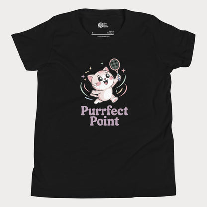 Girls tennis t-shirt featuring an Illustration of a cute white kitten with pink ears and big sparkling eyes, mid-jump with a tennis racket in one paw, and the slogan “Purrfect Point.”