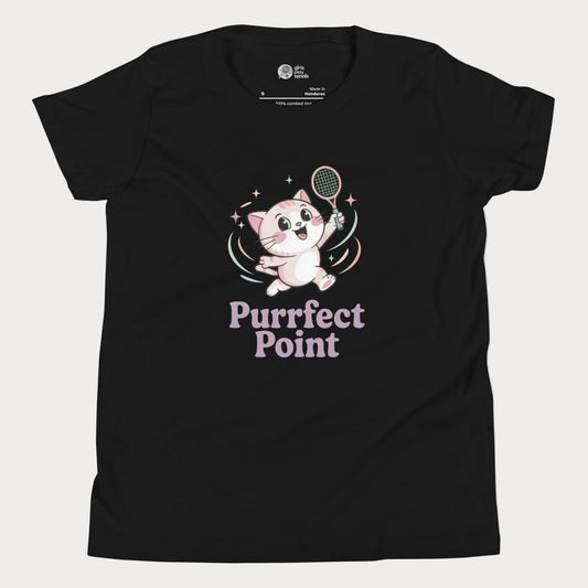 Girls tennis t-shirt featuring an Illustration of a cute white kitten with pink ears and big sparkling eyes, mid-jump with a tennis racket in one paw, and the slogan “Purrfect Point.”