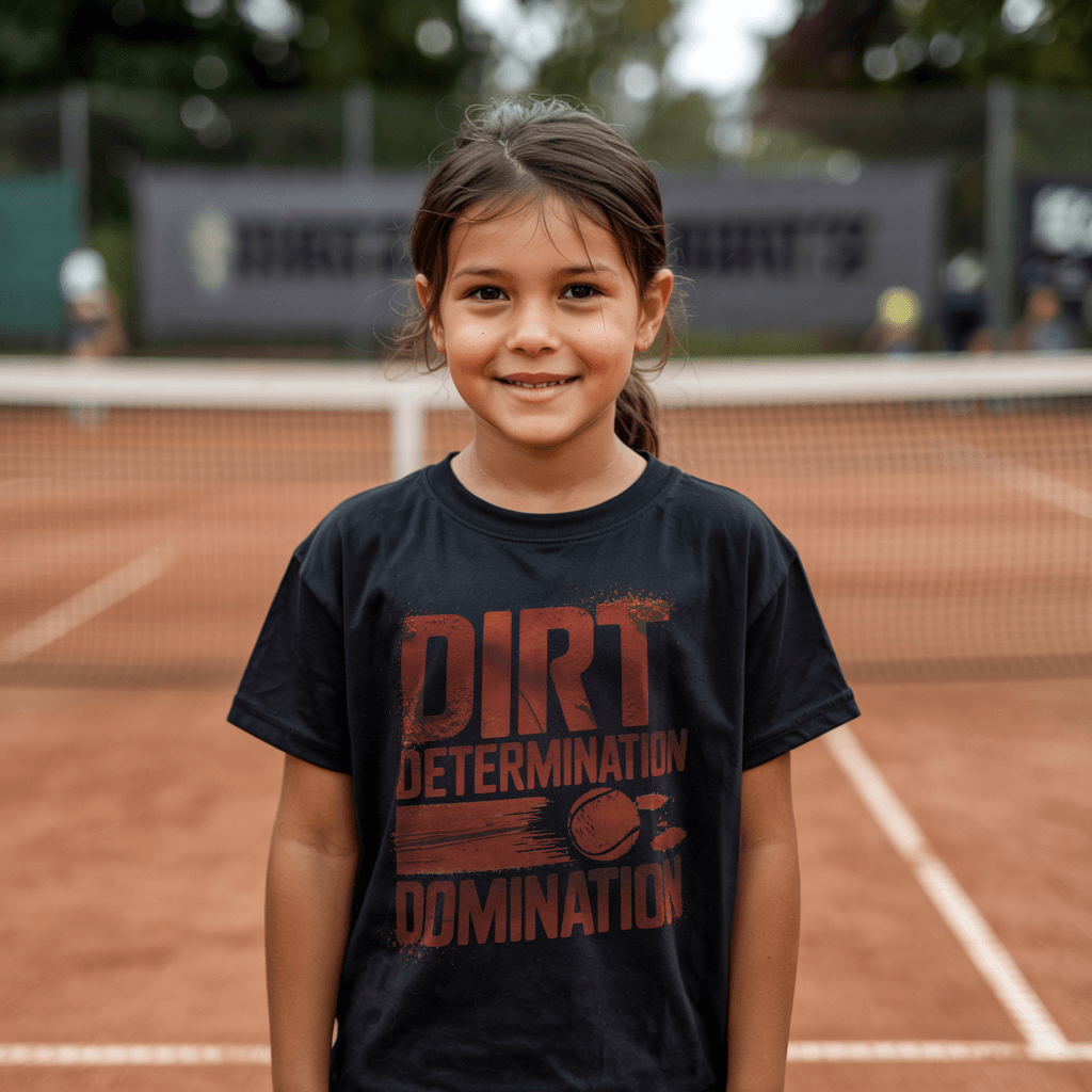 Young girl standing on a clay tennis court and wearing a black tennis t-shirt with slogan "Dirt Determination Domination" 