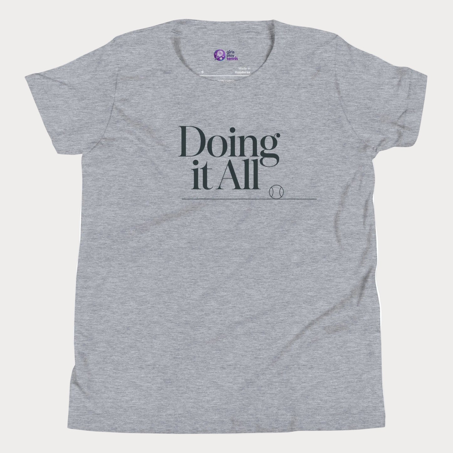 Doing It All tennis tee in athletic grey with minimalist white typography and tennis detail for women and girls