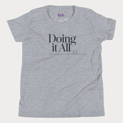Doing It All tennis tee in athletic grey with minimalist white typography and tennis detail for women and girls
