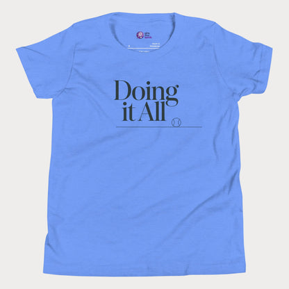 Doing It All tennis tee in blue with minimalist white typography and tennis detail for women and girls
