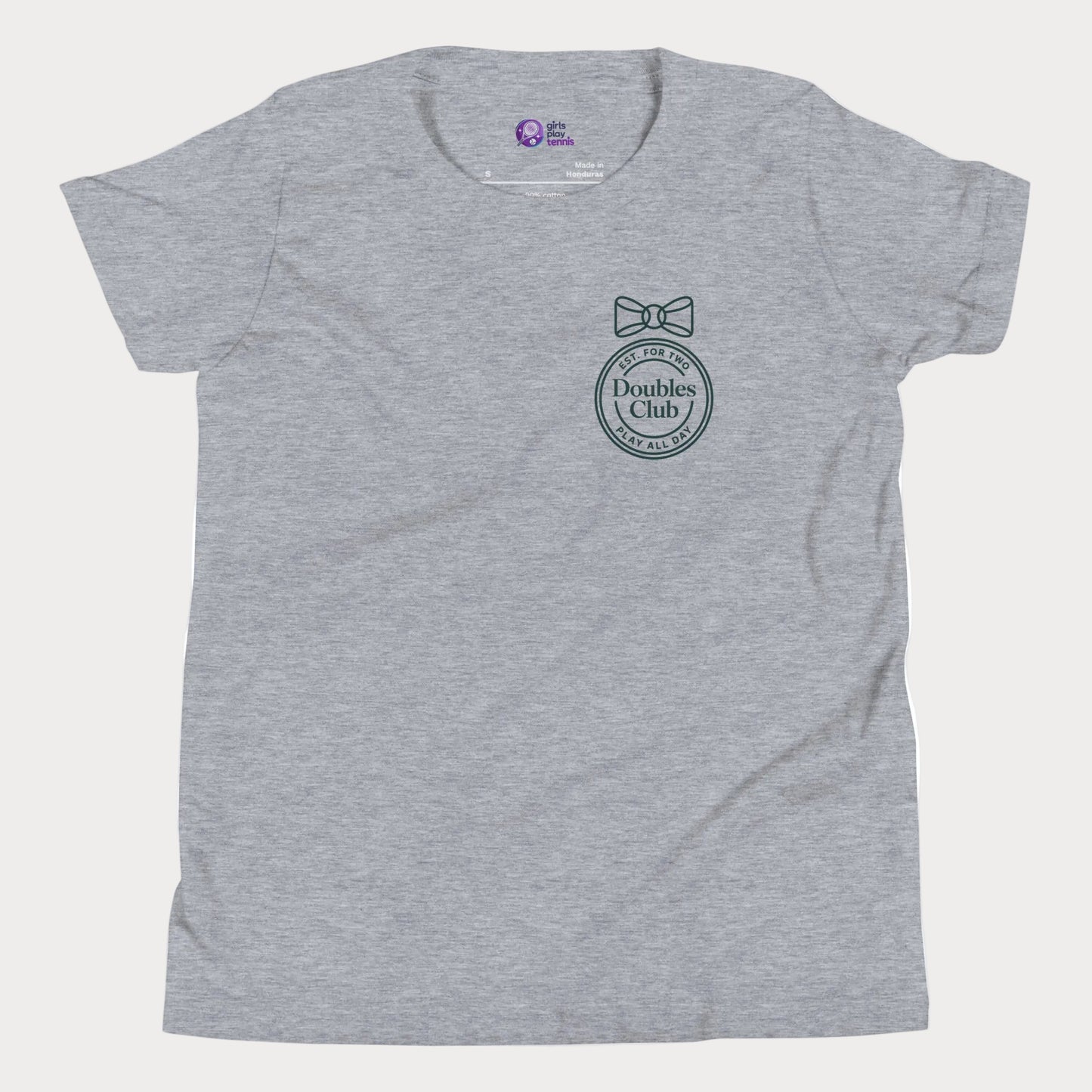 Doubles Club tennis tee in athletic grey with minimalist crest and bow left chest design for women and girls.