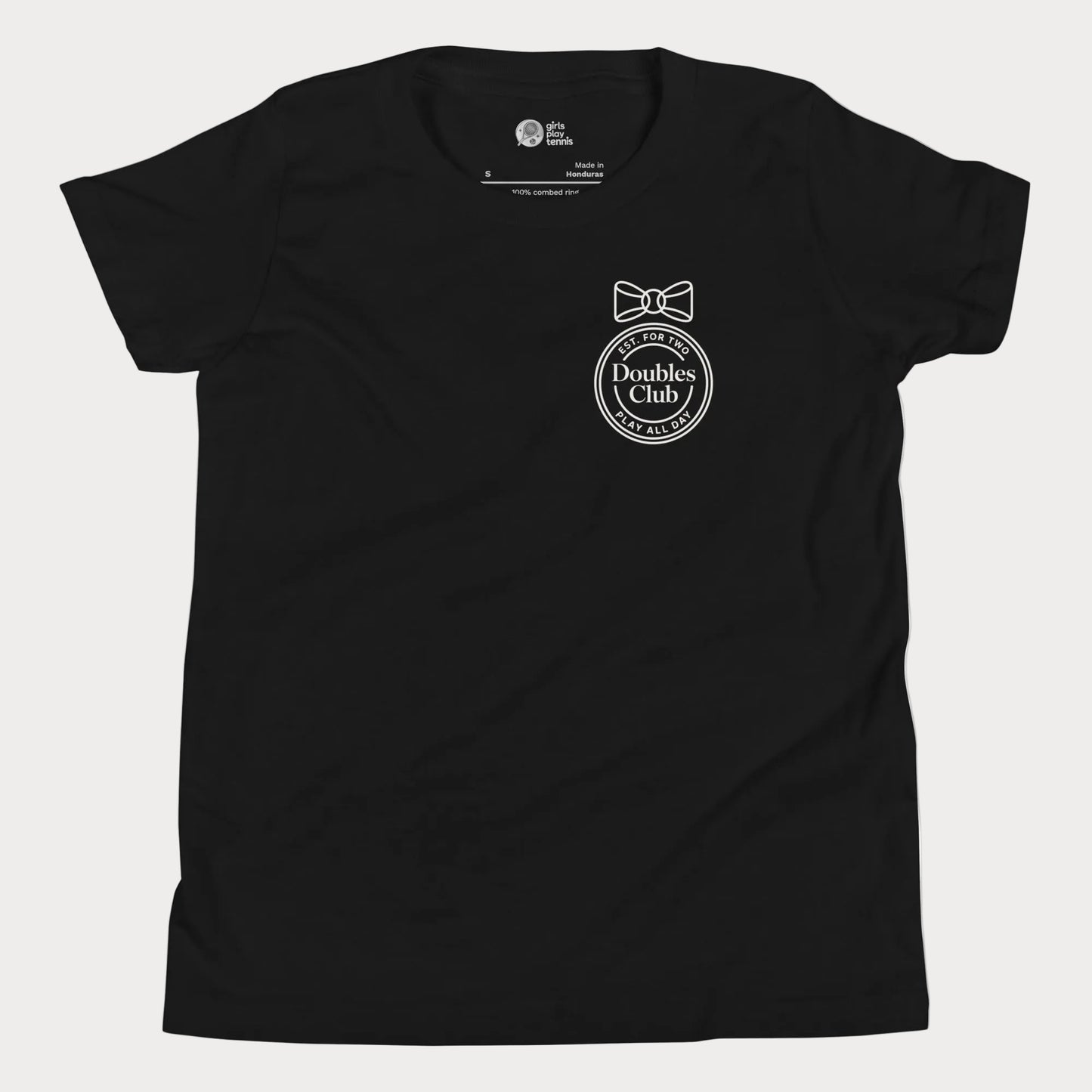 Doubles Club tennis tee in black with minimalist crest and bow left chest design for women and girls