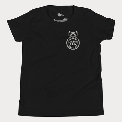 Doubles Club tennis tee in black with minimalist crest and bow left chest design for women and girls