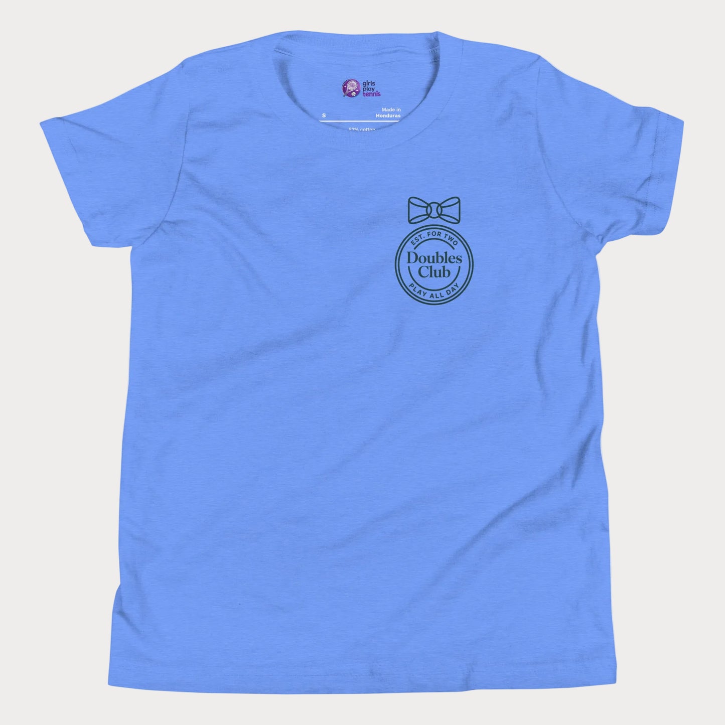 Doubles Club tennis tee in blue with minimalist crest and bow left chest design for women and girls
