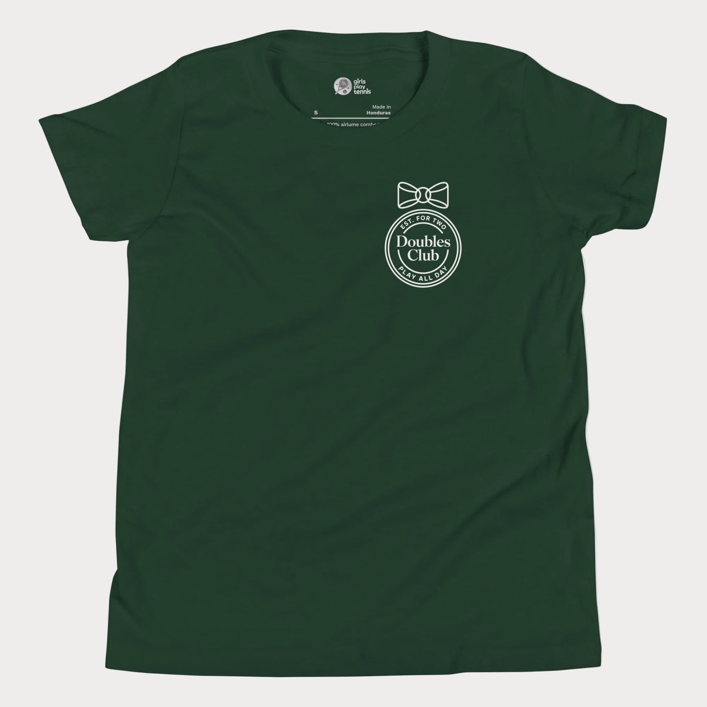 Doubles Club tennis tee in forest green with minimalist crest and bow left chest design for women and girls