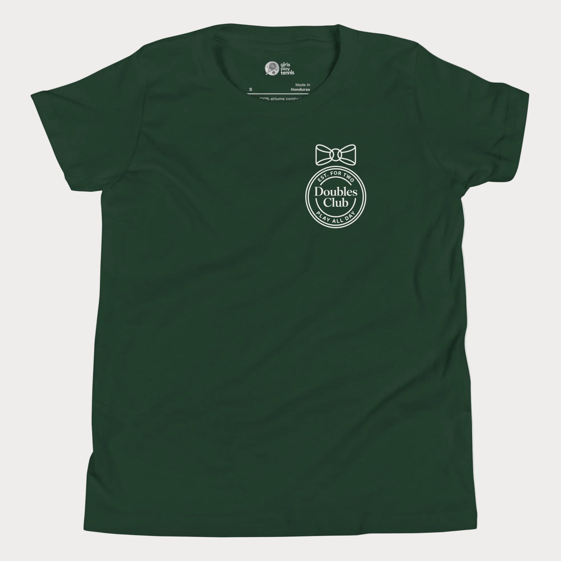 Doubles Club tennis tee in forest green with minimalist crest and bow left chest design for women and girls