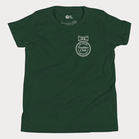 Doubles Club tennis tee in forest green with minimalist crest and bow left chest design for women and girls