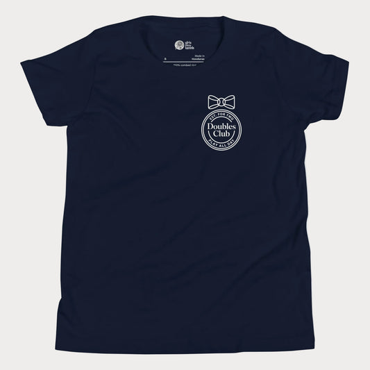 Doubles Club tennis tee in navy with minimalist crest and bow left chest design for women and girls.