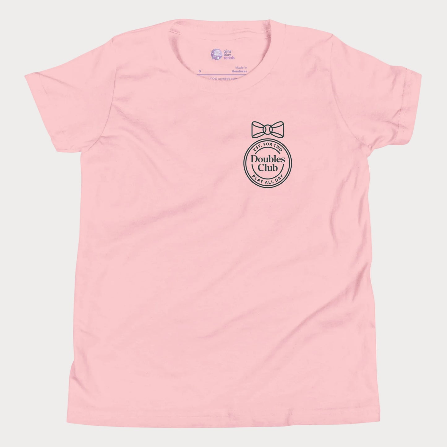 Doubles Club tennis tee in pink with minimalist crest and bow left chest design for women and girls