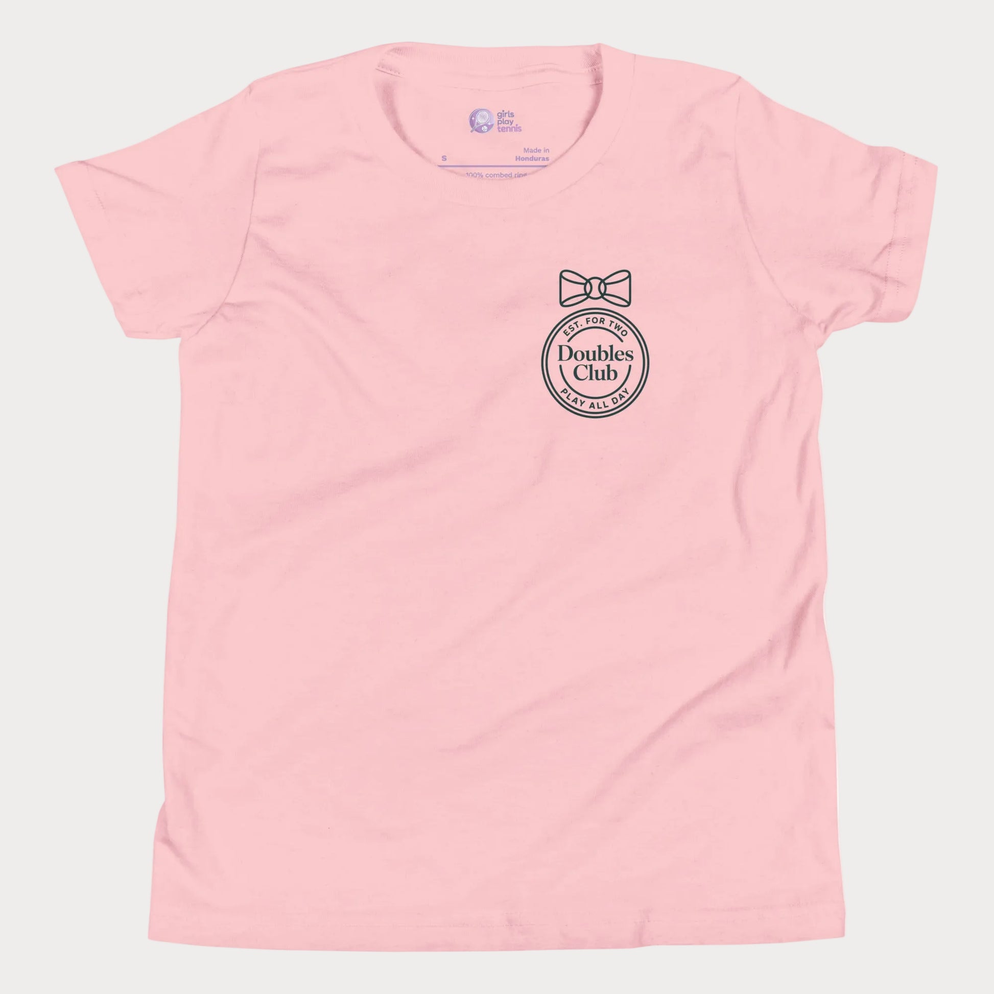 Doubles Club tennis tee in pink with minimalist crest and bow left chest design for women and girls