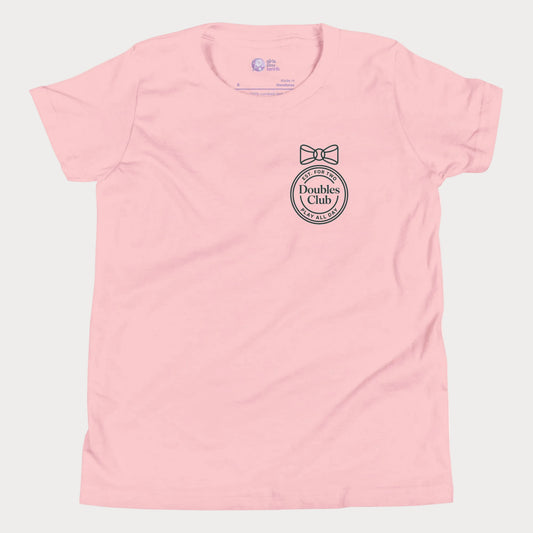 Doubles Club tennis tee in pink with minimalist crest and bow left chest design for women and girls