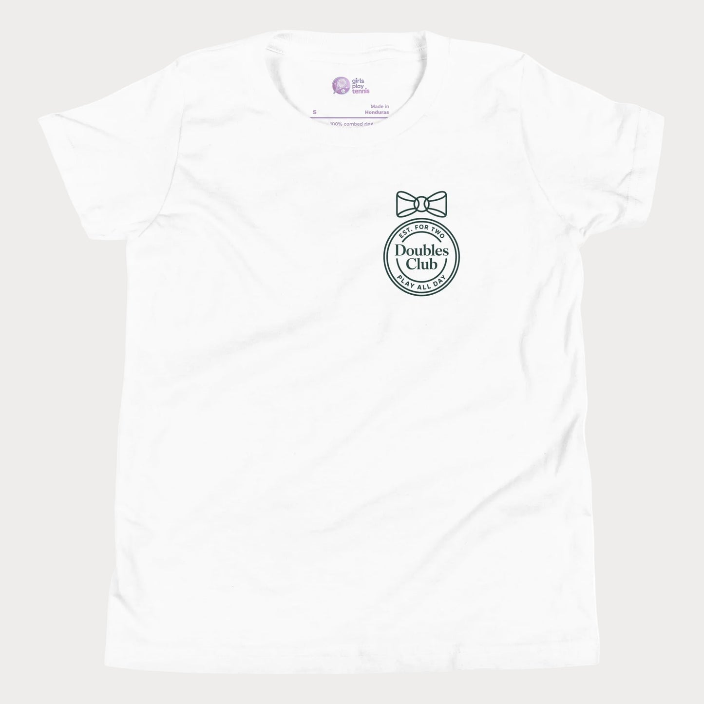 Doubles Club tennis tee in white with minimalist crest and bow left chest design for women and girls