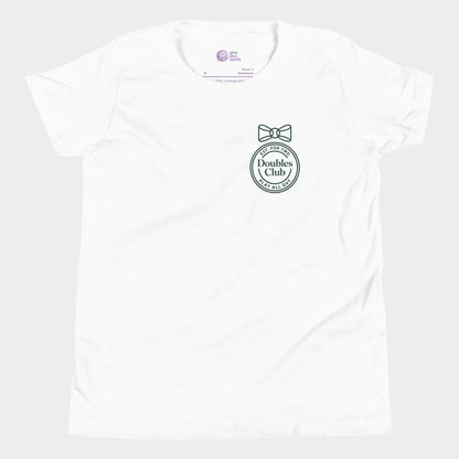 Doubles Club tennis tee in white with minimalist crest and bow left chest design for women and girls