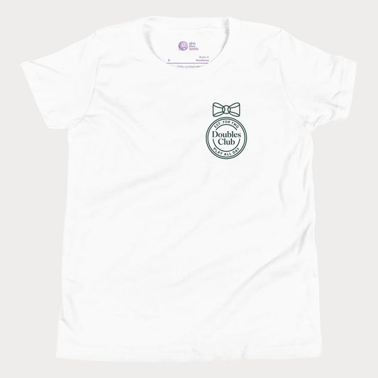Doubles Club tennis tee in white with minimalist crest and bow left chest design for women and girls