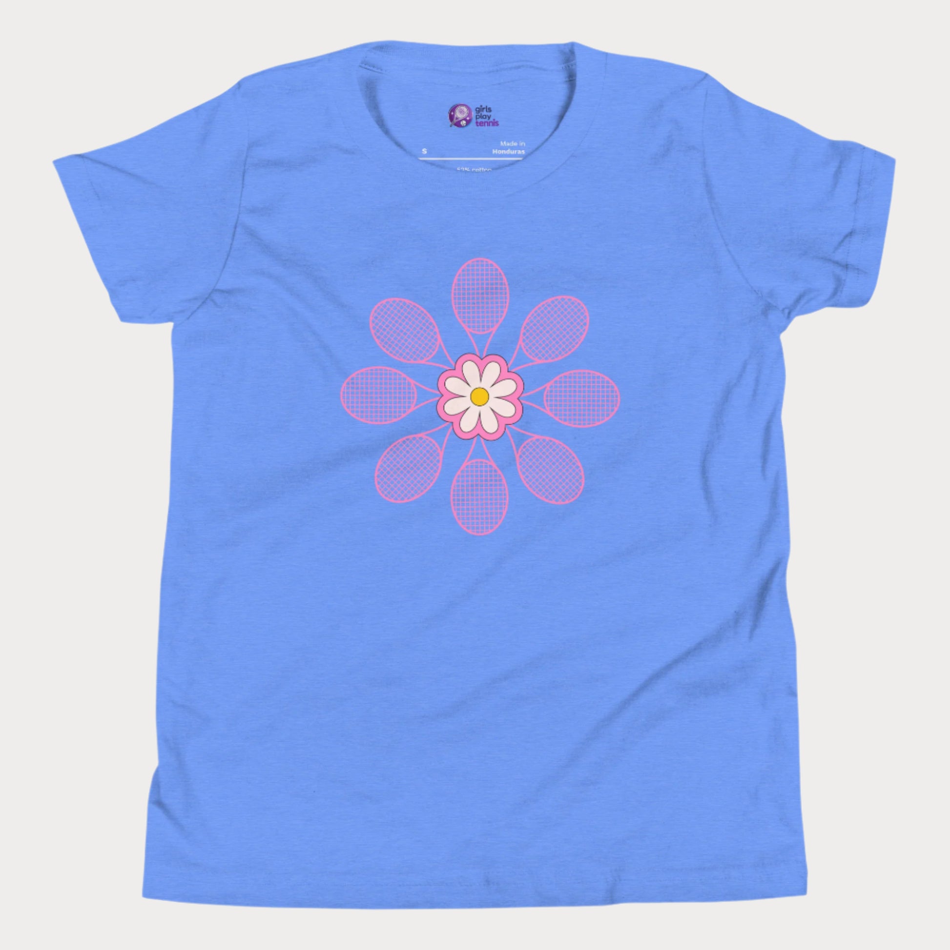 Blue girls tennis t-shirt with pink flower design made of tennis rackets in a mandala shape.