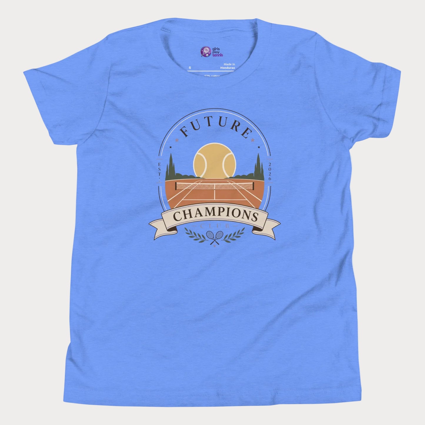 Girls tennis tee featuring vintage-inspired future champions club crest and sunset court illustration