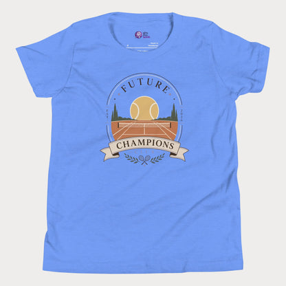 Girls tennis tee featuring vintage-inspired future champions club crest and sunset court illustration
