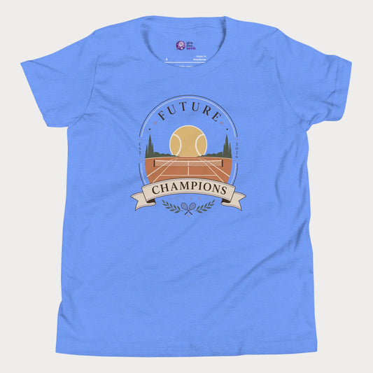 Girls tennis tee featuring vintage-inspired future champions club crest and sunset court illustration