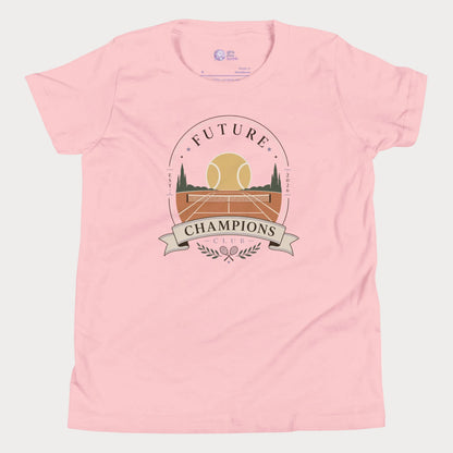 Girls tennis tee featuring vintage-inspired future champions club crest and sunset court illustration