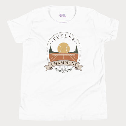 Girls tennis tee featuring vintage-inspired future champions club crest and sunset court illustration