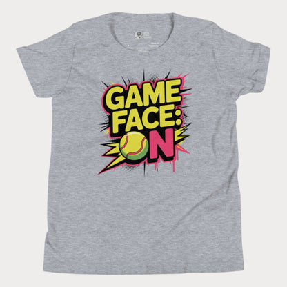 Grey kids tennis t-shirt with bold comic-style "Game Face: ON" graphic and tennis ball illustration.