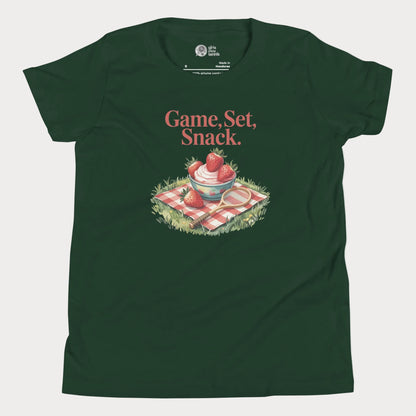 Game, Set, Snack girls tennis t-shirt with strawberries and cream graphic
