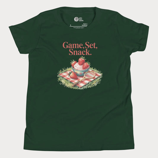 Game, Set, Snack girls tennis t-shirt with strawberries and cream graphic