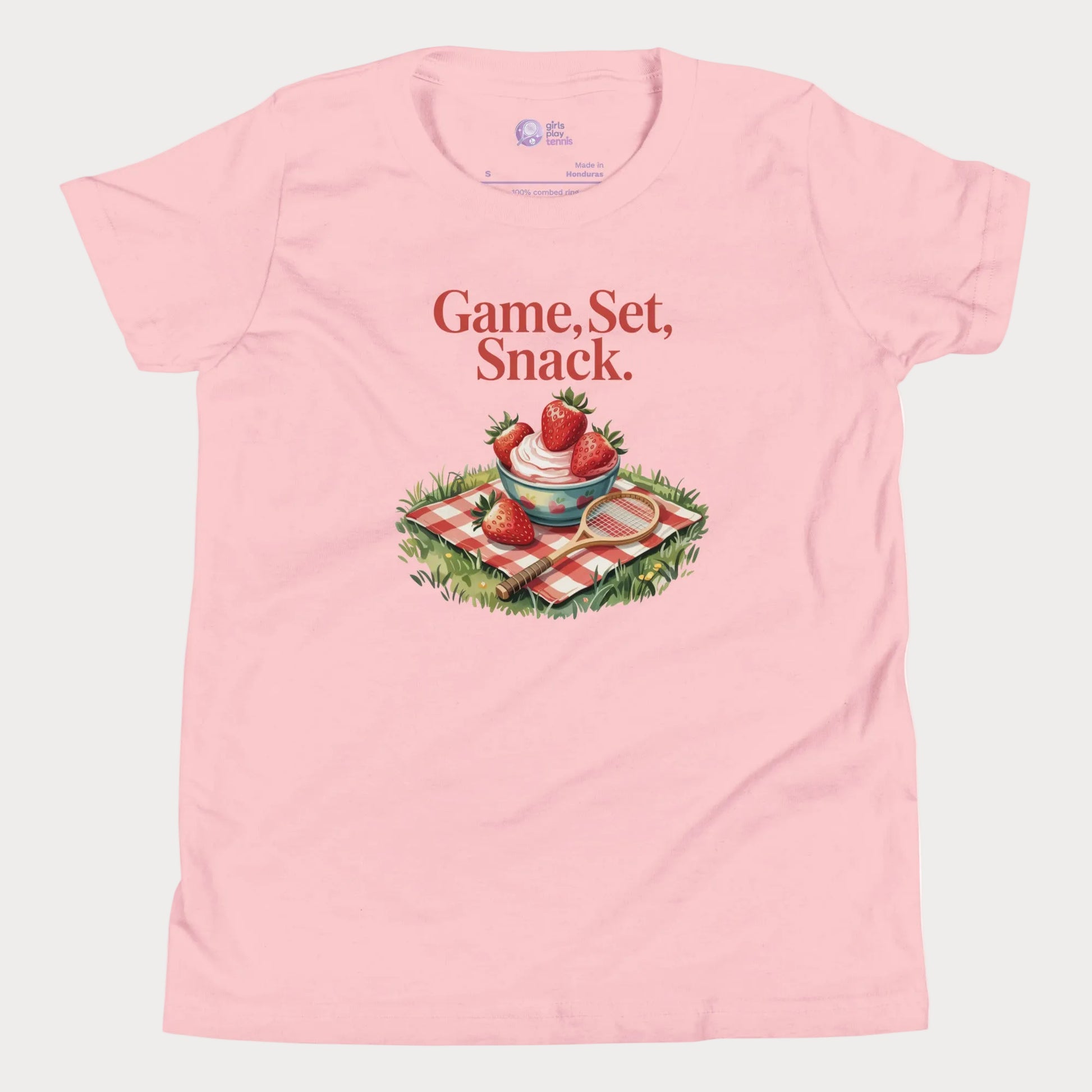 Game, Set, Snack girls tennis t-shirt with strawberries and cream graphic
