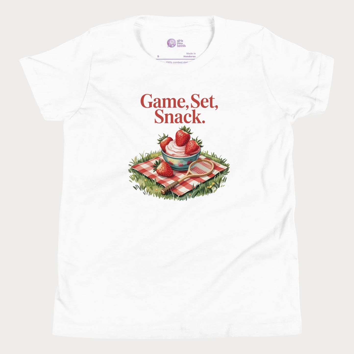 Game, Set, Snack girls tennis t-shirt with strawberries and cream graphic