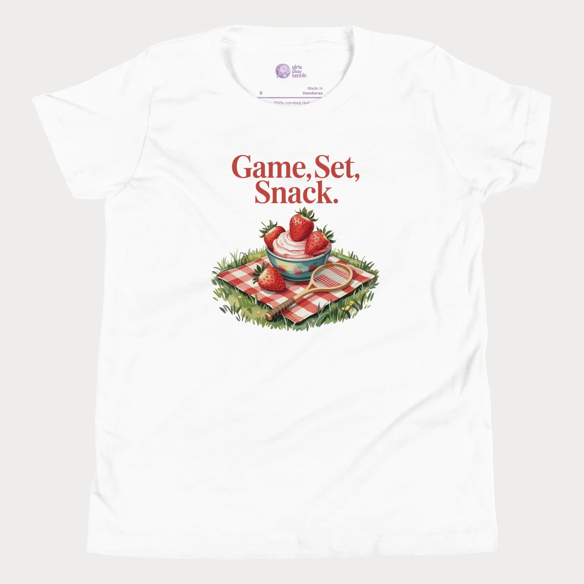 Game, Set, Snack girls tennis t-shirt with strawberries and cream graphic
