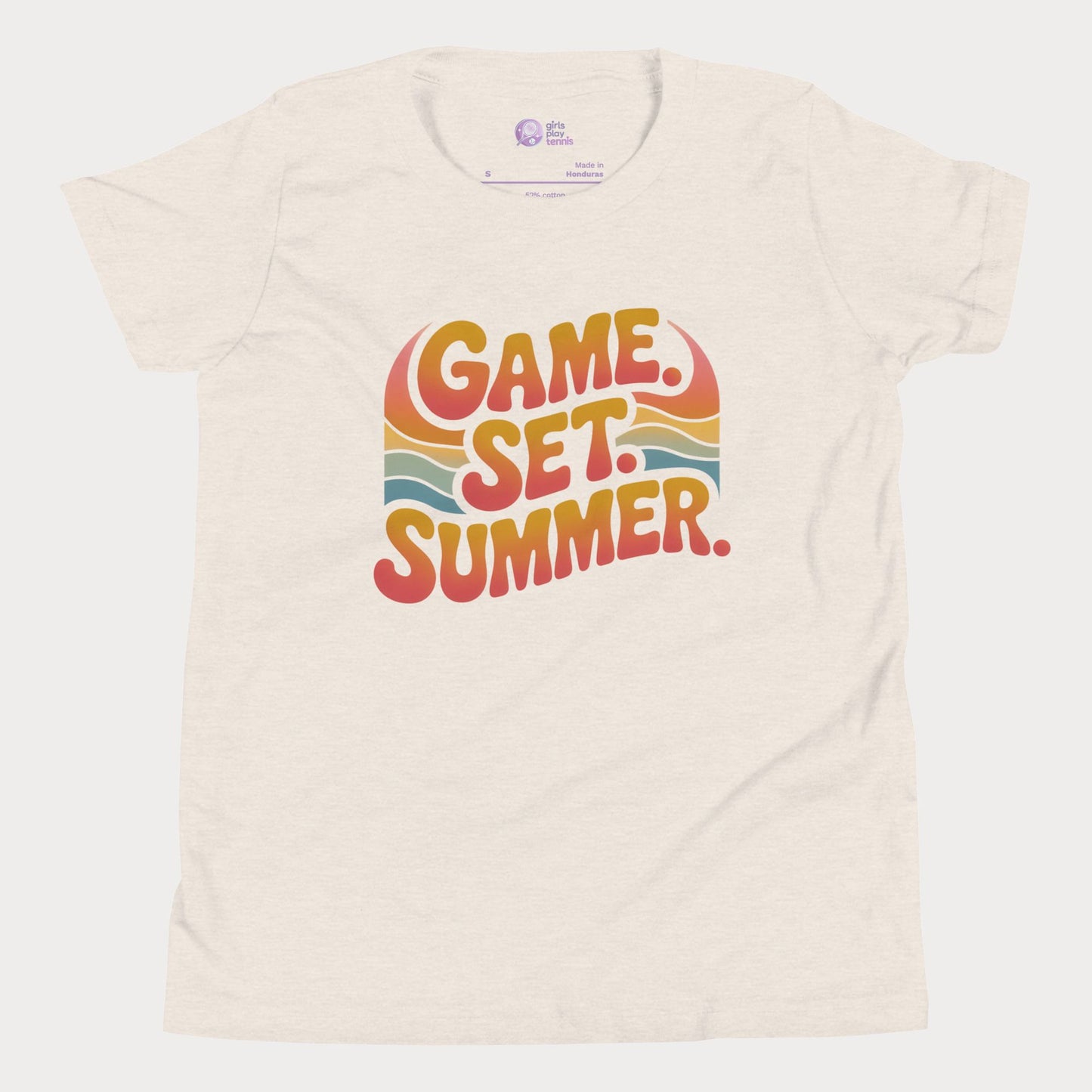 Game Set Summer tennis t-shirt with retro sunset design for players and fans