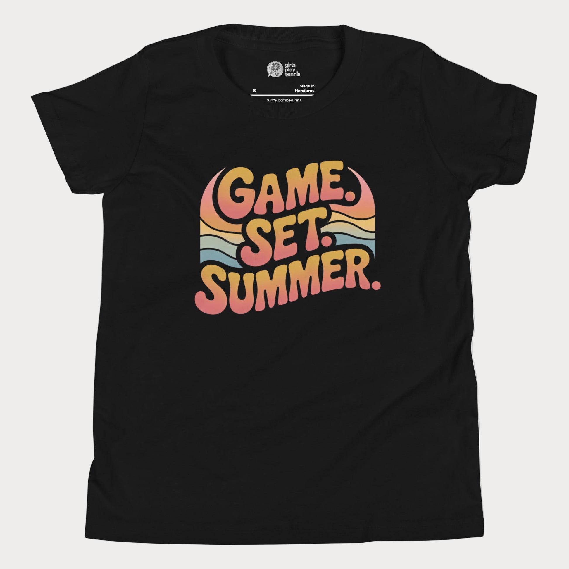 Game Set Summer tennis t-shirt with retro sunset design for players and fans.